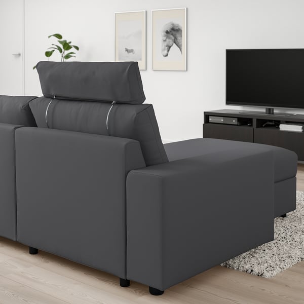 VIMLE Sofá 3 plazas con chaiselongue, Con reposabrazos anchos con  reposacabezas/Hallarp gris - IKEA