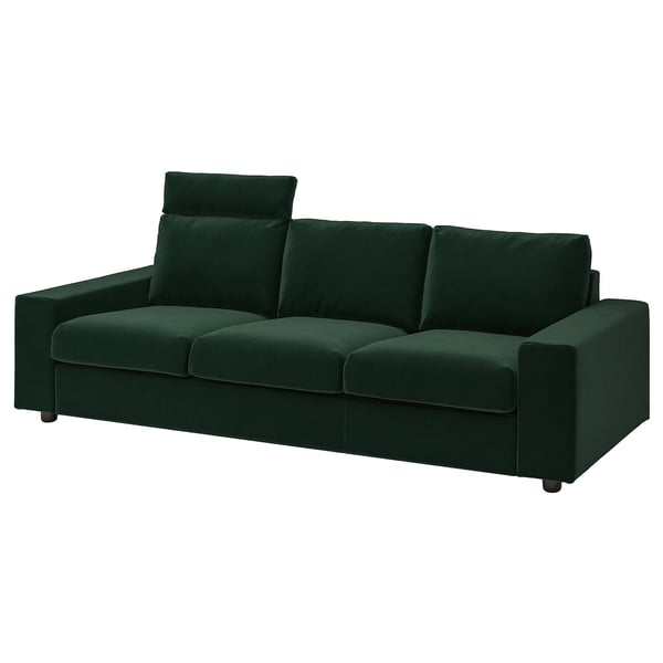 Sofá VIMLE de 3 plazas de color verde oscuro con respaldo y cojines de asiento, diseñado para la comodidad y versatilidad.