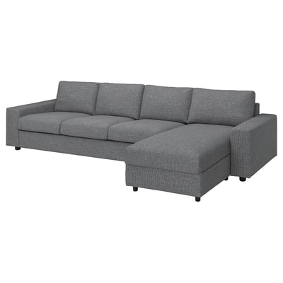 Sofá modular VIMLE gris, en forma de L, diseño moderno, tapizado en tela, con tumbona de almacenaje.