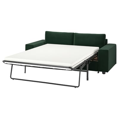 Sofá cama VIMLE verde con colchón blanco, diseño moderno.