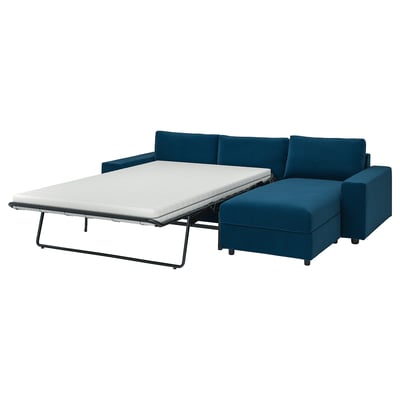 Sofá cama modular VIMLE azul con chaise, diseño moderno, metal y tela.