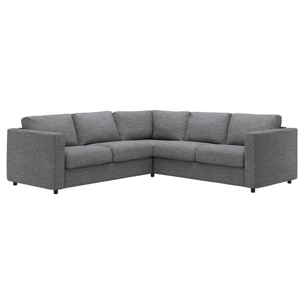 Un sofá modular VIMLE gris con un diseño moderno en forma de L en un tejido suave y texturizado.
