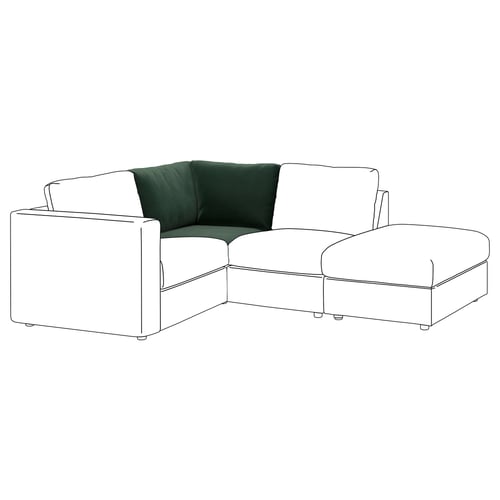 Sofá VIMLE: moderno terciopelo verde oscuro en forma de L con detalles en blanco, asiento profundo, 10 años de garantía.