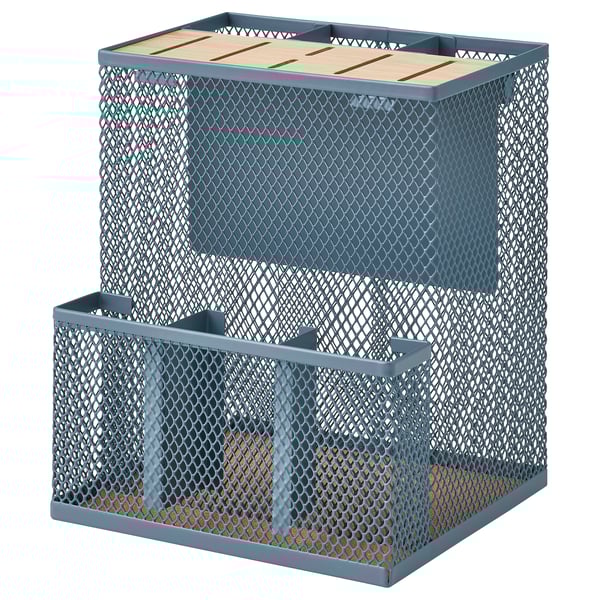Un bloque de cuchillos de metal azul VIMPELFISK con una tapa de bambú. Tiene un diseño de malla para ventilar y facilitar la visibilidad, sujetando cuchillos y utensilios.