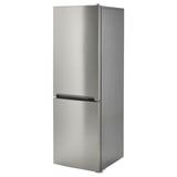 Moderno frigorífico-congelador VINDÅS de acero inoxidable con diseño elegante y asas integradas.