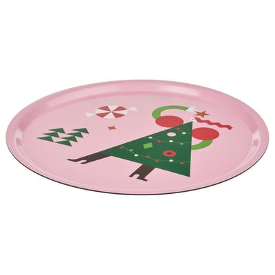 Bandeja de plástico redonda rosa con diseño de árbol de navidad verde.