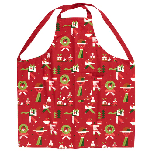 Delantal rojo VINTERFINT con diseño navideño, estampados verdes y blancos, material de algodón, forma rectangular, tiras ajustables.