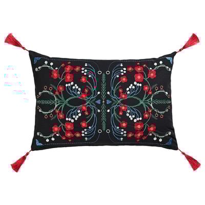 Cojín VINTERFINT negro, flores bordadas rojas, borlas rojas.