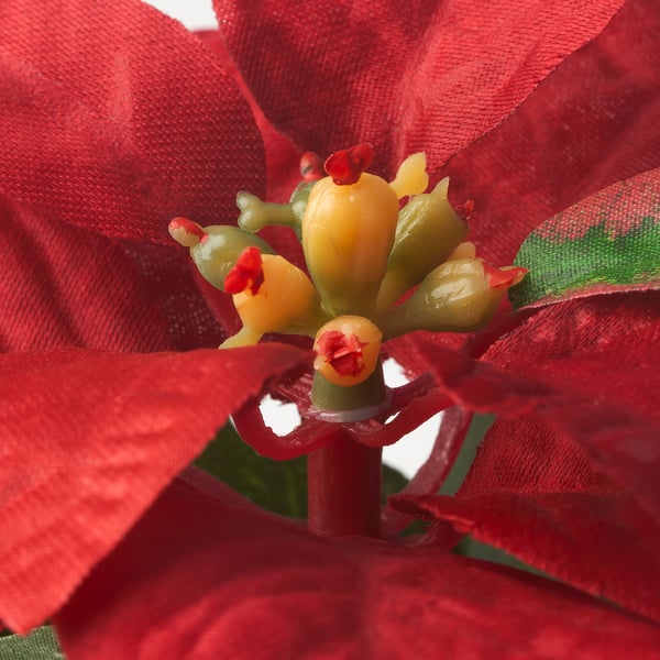 Vibrante flor de Pascua artificial con pétalos rojos intensos y centro amarillo, que muestra detalles vívidos y realistas.