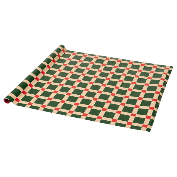 Rollo de papel de regalo a cuadros verdes, rojos y beige.