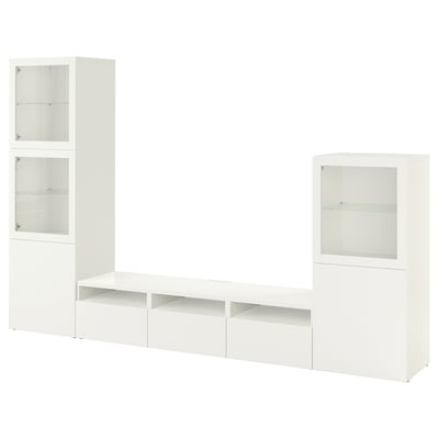 TV BESTÅ zuriko biltegiratze-konboa, apalak, kaxoiak eta beirazko ateak dituen nahastekoa.