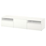 Ikea BESTÅ telebista-banku zuria, diseinu modernoa eta minimalista, biltegiratzeko kaxoiekin.