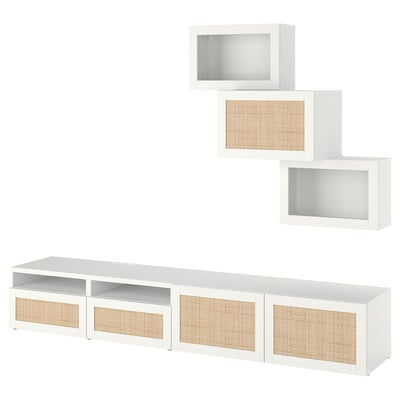 Ikea BESTÅ telebistako altzariak: zuria, ate ehunduak, 3 apal, 2 horma-armairu.