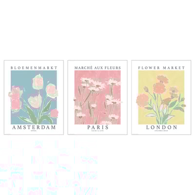 Hiru kartel: amsterdam, paris, londres lore-ilustrazioekin.