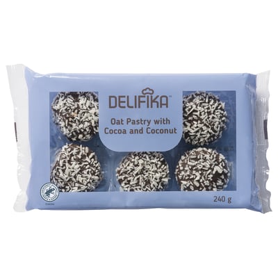 DELIFIKA oat pastela kakao eta kokoarekin, 240g, 4 gozoki urdin poltsa batean sartzen ditu, bakoitza kokoso flaketaz estalita.