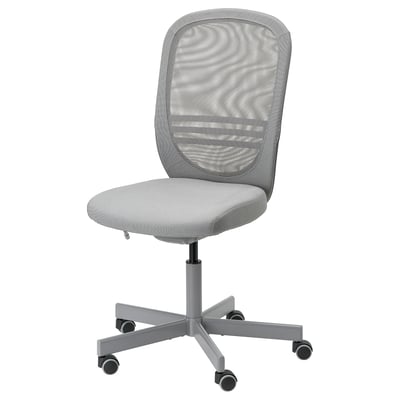 FLINTAN bulego-aulki ergonomikoa, sare grisaren bizkarra, estugarria, gurpildun zilarreztatutako oinarria.