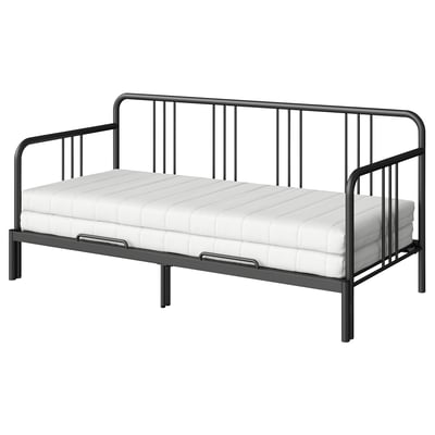 Sofa ohea metal beltzeko FYRESDAL, koltxoi zuria, diseinu modernoa eta minimalista, ohe bikoitz bihur daitekeena.