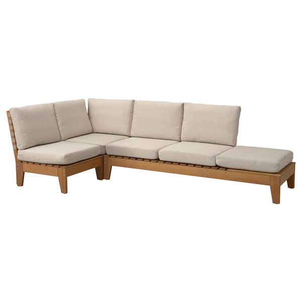 L formako kanpoko sofa sekzional modernoa, beige kolorekoa, felpa kuxinekin eta eukalipto iraunkorreko egurrarekin.