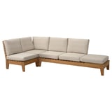 L formako kanpoko sofa sekzional modernoa, beige kolorekoa, felpa kuxinekin eta eukalipto iraunkorreko egurrarekin.