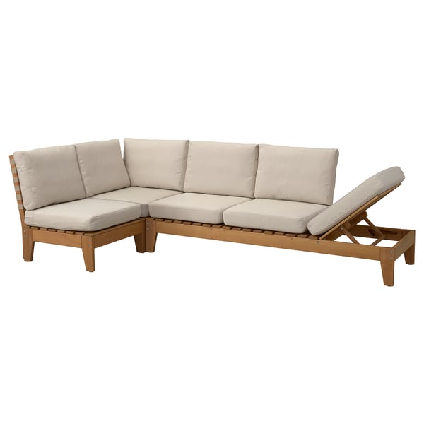 HATTHOLMEN sekzionala kanpokoa, beige kuxinak, eukalipto-egurra, L formako diseinua.