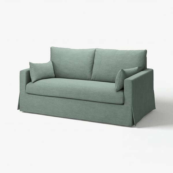 HYLTARP berde argiko sofa, dotorea eta modernoa, kotoi eta poliester birziklatutako nahasketaz estalita.