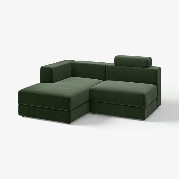 Berde ilun modernoko sofa modularra, l formakoa, biltegiratze diseinu dotorea.