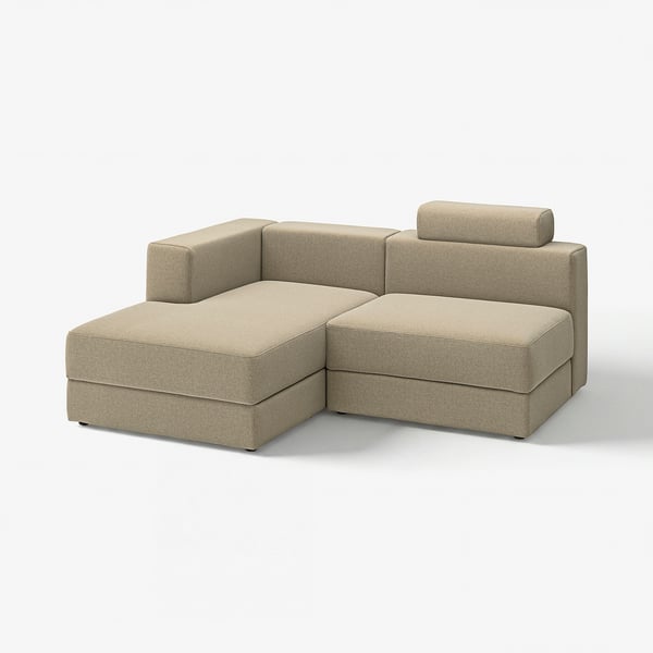 L formako sofa beige modernoa, biltegiratze modukoa; diseinu leun eta modularra erosotasunerako.