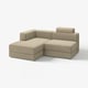 L formako sofa beige modernoa, biltegiratze modukoa; diseinu leun eta modularra erosotasunerako.