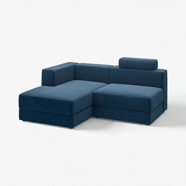 JÄTTEBO modulu sekzionaleko sofa urdina. Diseinu modernoa, lerro garbiak eta kuxin leunekin, atsedenerako aproposa. Biltegiratzea eta konfigurazio anitza.