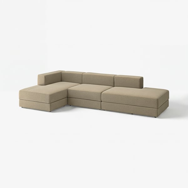 Beige beige modernoko l formako sofa sekzionala, modulu doigarriekin.