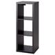 Aukera: Ikeako KALLAX black cube apalategia: diseinu modernoa, modularra, 3 mailakoa, zutik dagoen egur ilunekoa.