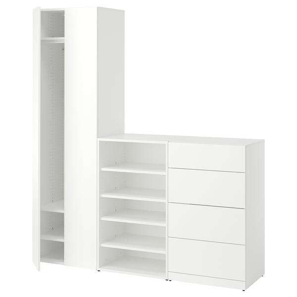 LASTARE biltegiratze modular zuria. Armairu altu bat eta lau tiradera ditu, biak zuri dotoreak, biltegiratze irtenbide polifazetikoak eskainiz.