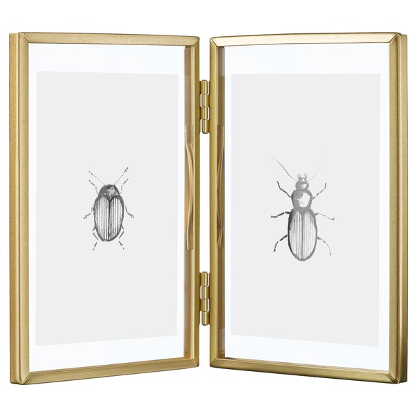 Bi aurpegiko beirazko pantaila, alde bakoitzean kakalardo beltzen ilustrazioak dituen urre-koloreko markoa.