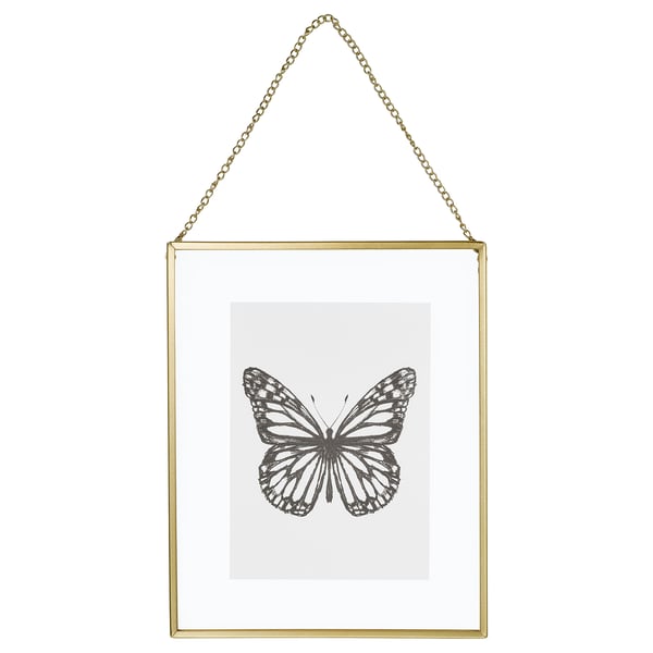 LeRBODA metalezko marko urreztatua, zintzilikatzeko katearekin, zuri-beltzeko tximeletazko ilustrazio batekin. Kontu handiz diseinatua urkatzeko edo geldiarazteko.
