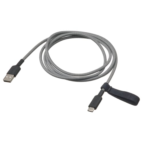 USB karga-kablea, zuri-beltzean txirikordatua, usb-a eta c lokailuekin, gomazko muturrak, uhal erantsia, 1. Luzera: 5 m- luzera.