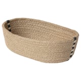 MÄVINN jute-saskia, kolore naturala, forma biribila, zuri-beltzeko azentuak, eskuz eginak.