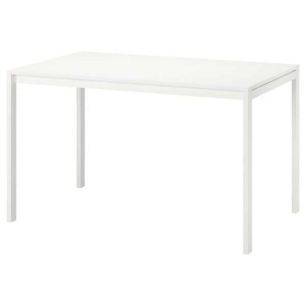 MELLTORP jangela zuriko mahai bat, estalki angeluzuzena eta metalezko hanka dotoreak dituena. Diseinu minimalista, hainbat espaziotarako egokia.