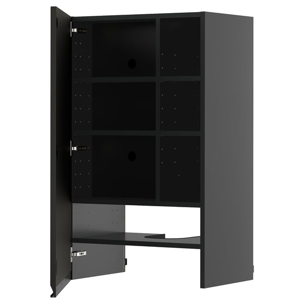 METOD armairu bat, gris ilunez irekia, hiru apal estugarri eta kaxoi bat dituena. Diseinu dotore eta modernoa du, akabera beltz mate batekin.