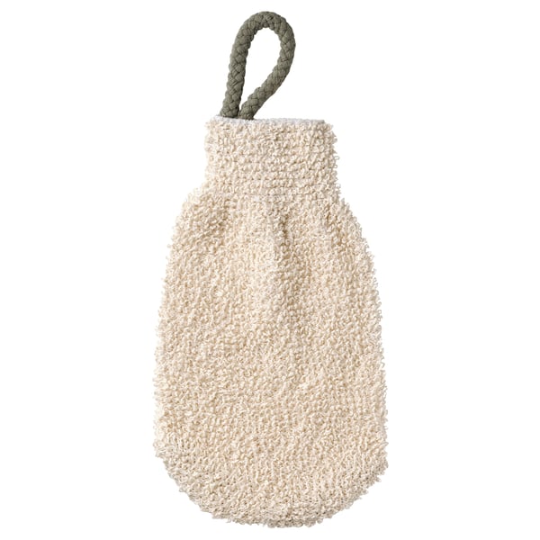 PRAKTPORTLAK: beige naturala eta kirtena nahasteko eskularru exfoliatzaile exfoliatzailea. Texturizatua, malko itxurakoa.