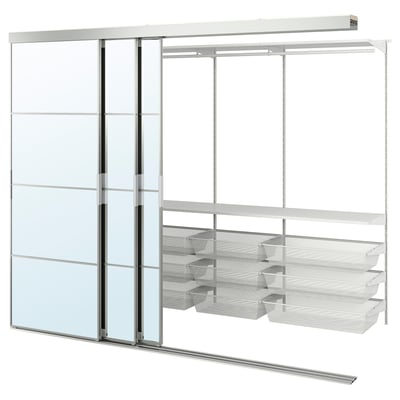 Ispiluzko ateekin eta sarezko kaxoiekin, diseinu minimalistarekin, armairu zuri modernoa.