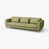 SLATORP sofa: modernoa, oliba berdea, ehun leuna, laukizuzen forma, bizkar altua, kuxin erosoak.