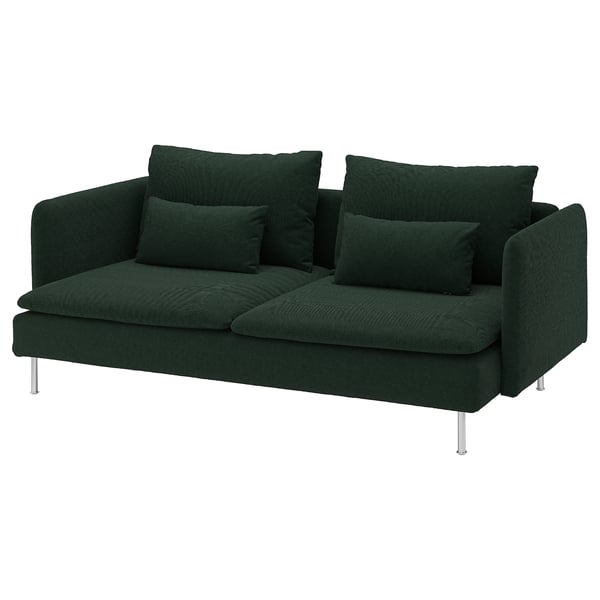 SÖDERHAMN sofa berde bat irudikatzen du, eserleku sakonak, kuxin leunak eta altzairu herdoilgaitzezko hankak dituena. Bere diseinu modernoa oihal berde ilun batez estalita.