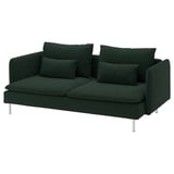 SÖDERHAMN sofa berde bat irudikatzen du, eserleku sakonak, kuxin leunak eta altzairu herdoilgaitzezko hankak dituena. Bere diseinu modernoa oihal berde ilun batez estalita.