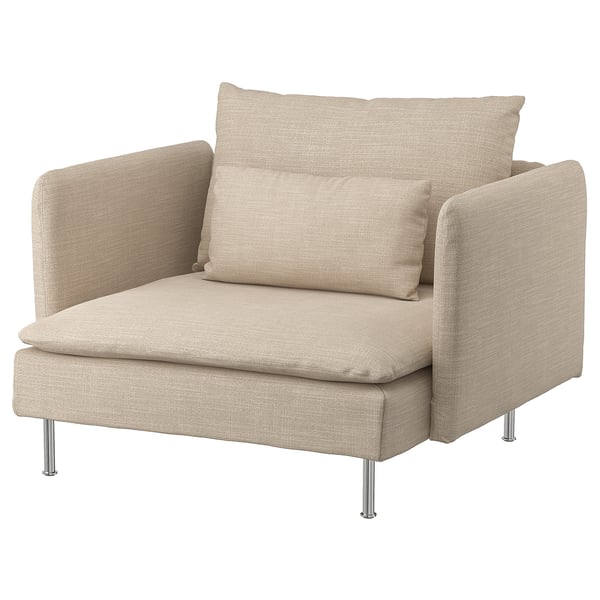 Sofa neutro koloreko oihalezko eskineroa, diseinu dotorea, metalezko hankak.