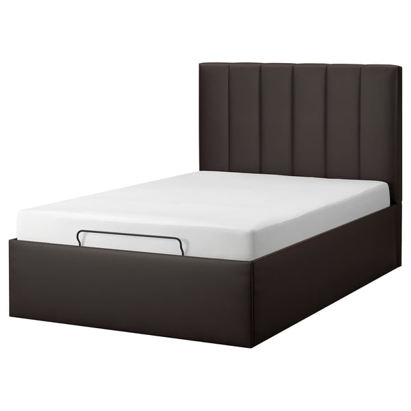 TJÅLLE ohea larruzko ehun gris iluneko itxurako itxura modernoa du, tufted buru bertikalarekin eta biltegiratze integratuarekin.