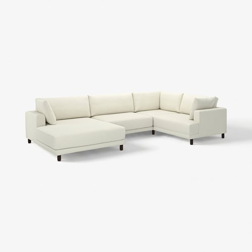 UPPÅKRA sofa zuri sekzionala, diseinu modernoa, kuxin sakonak, lerro garbiak eta egurrezko oinak ilunak.