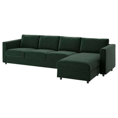 Sofa modular VIMLE berde iluna, eskuineko txaise longearekin eta egurrezko hankarekin.