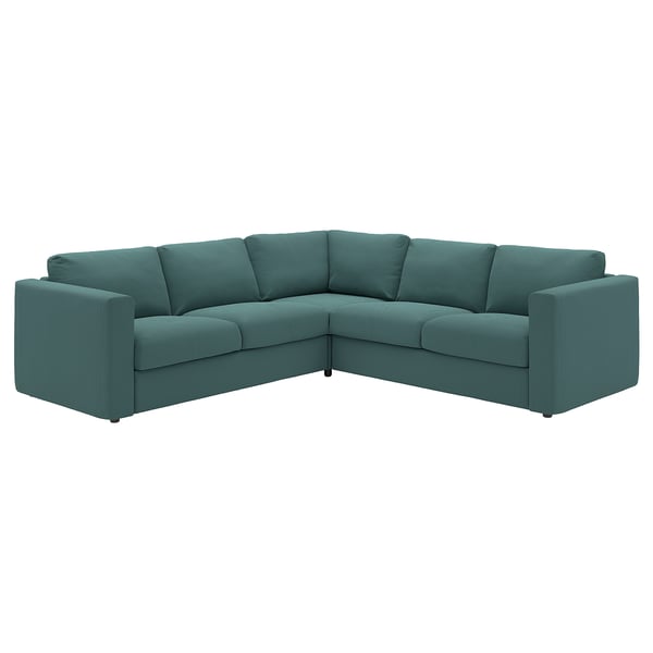VIMLE berde urdineko izkinako sofa, hiru piezako, diseinu kuadrokoa, oihal estalki kendua.