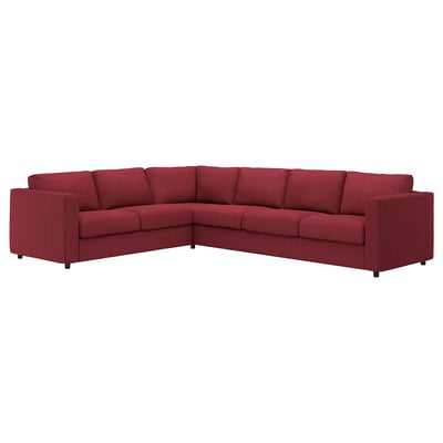 Sofa L rojo VIMLE formakoa, ehun sendoa, izkin-diseinua, kuxin erosoak.