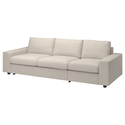 Sofa VIMLE beige, angeluzuzena, hiru kuxin, diseinu modernoa.